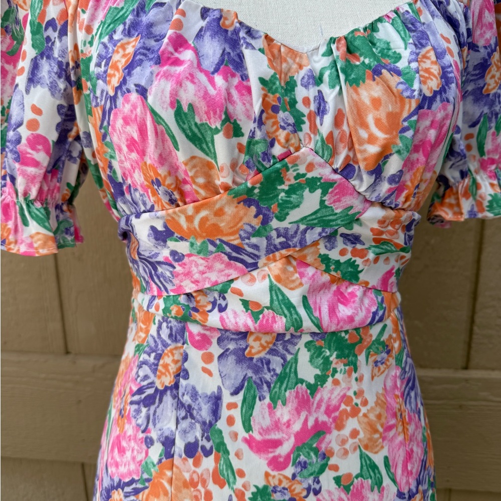 ZC Multicolor Floral Puff Sleeve Open Back Short Dress Sweetheart Neck (L) - Picture 2 of 13